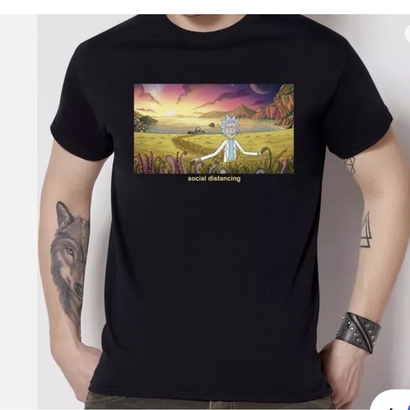 Rick and Morty black tee. Social Distancing graphic on front. Men’s size Small - Picture 5 of 5